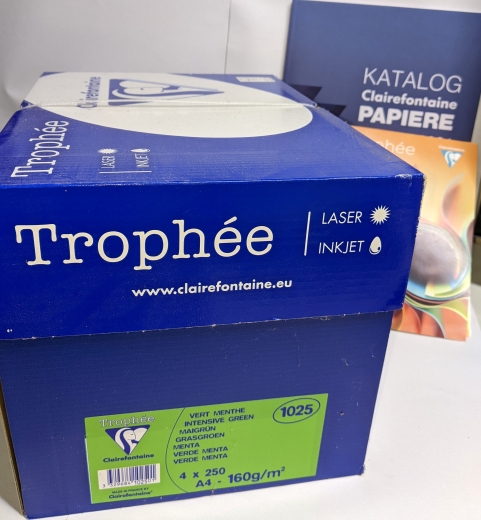 Maigruen, Papier, A4, 160 g/qm, 1000 (4*250) Blatt, holzfrei, Trophée, fuer Copy+InkJet+Laser+Offset, Basteln, Drucken, Kopieren, Kreativ, FSC-Zertifikat, 1025C-K, 3329684102501