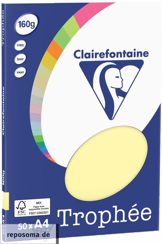 Gelb, Papier, A4, 160 g/qm, 50 Blatt (PPP), holzfrei, Trophée, fuer Copy+InkJet+Laser+Offset, Basteln, Drucken, Kopieren, Kreativ, FSC-Zertifikat, 4157C, 3329680415704