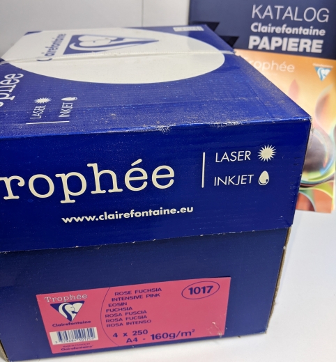 Eosin/Fuchsia, Papier, A4, 160 g/qm, 1000 (4*250) Blatt, holzfrei, Trophée, fuer Copy+InkJet+Laser+Offset, Basteln, Drucken, Kopieren, Kreativ, FSC-Zertifikat, 1017C-K, 3329684101702